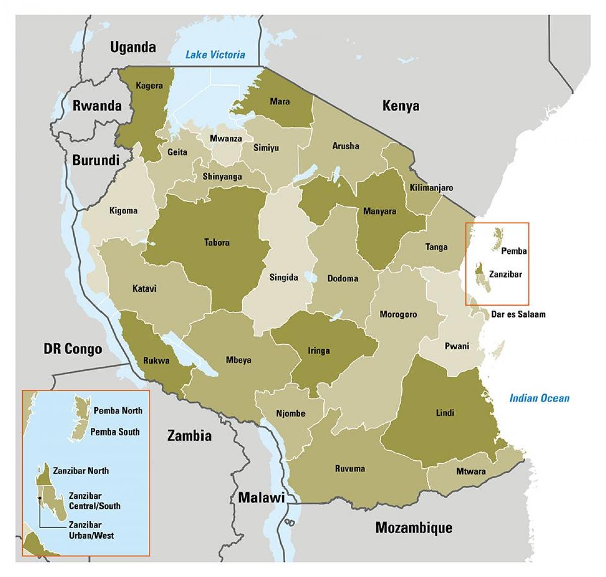 karta över tanzania visar regioner