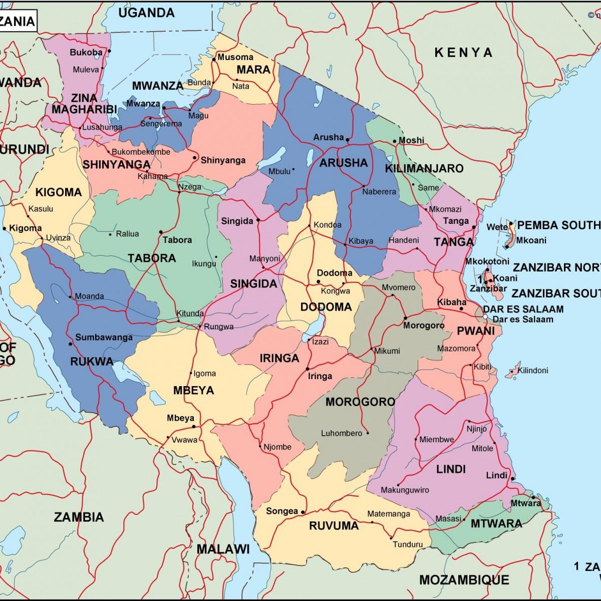 Tanzania politiska karta - Karta över tanzania politiska (Östra Afrika