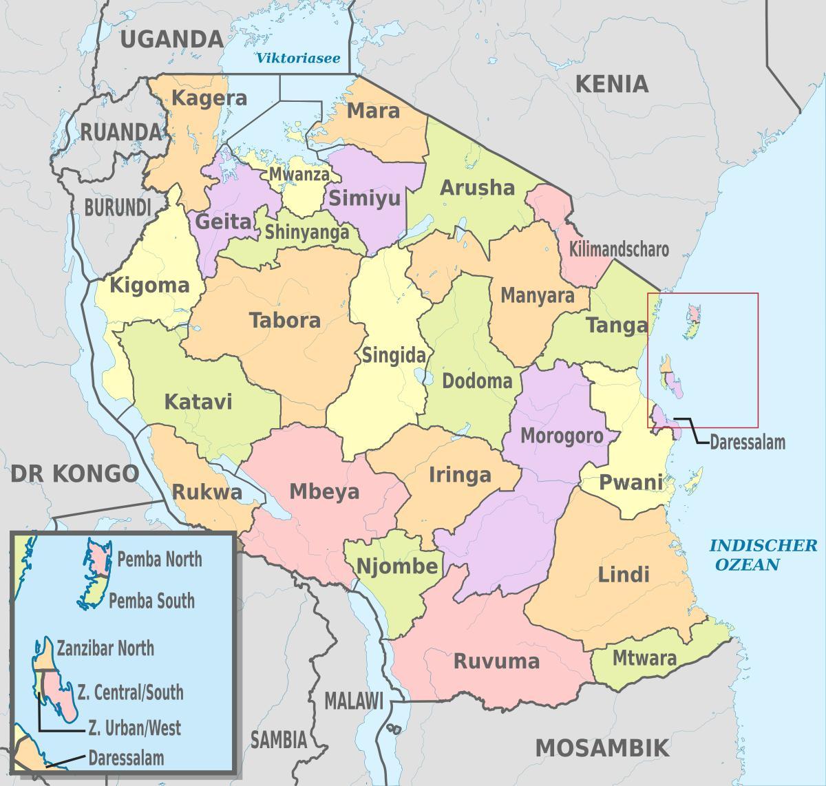 karta över tanzania visar regioner och distrikt