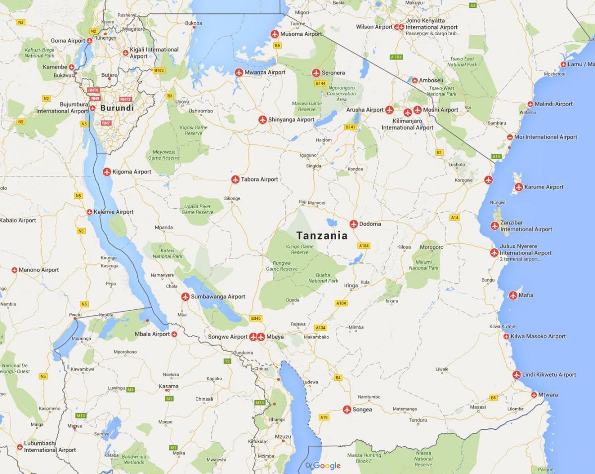Karta över tanzania flygplatser 