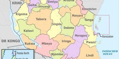 Karta över tanzania visar regioner och distrikt